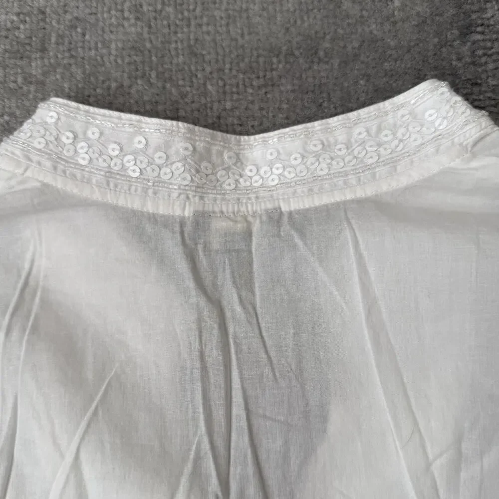 Talbots Blouse Womens Large White Sequin V Neck 3/4 Sleeve Tunic Top Cotton - Picture 9 of 9